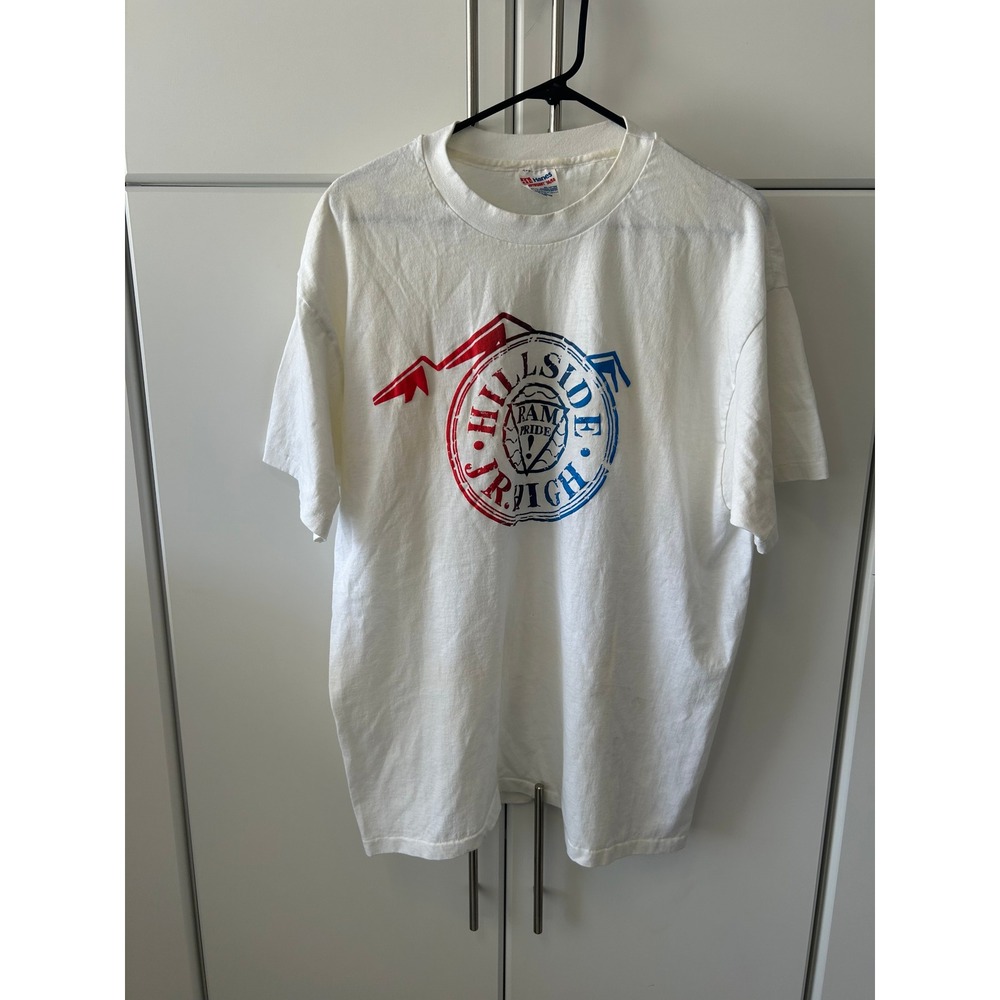 Vintage 90s Hanes Hillside Jr High Ram Pride T-Shirt White XL Single Stitch USA